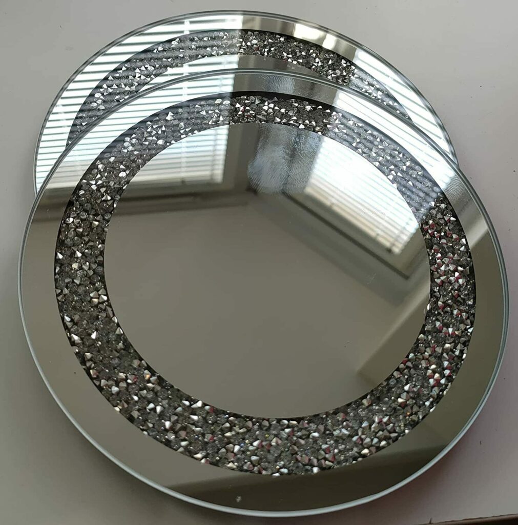 Crushed Crystal Mirrored Diamante Candle Plates Set Of Cm